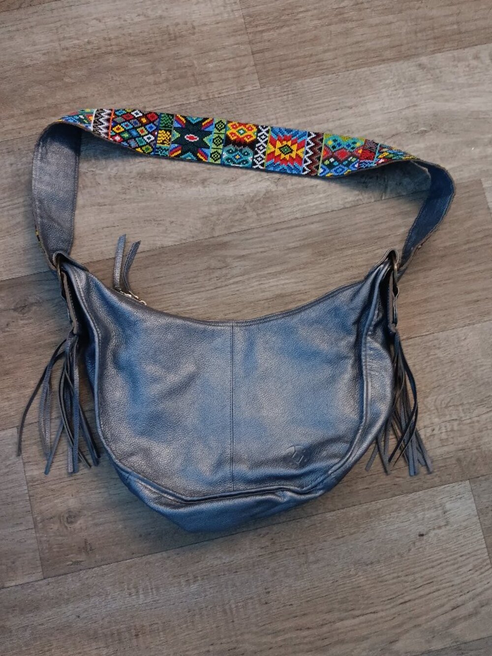 Cristina Orozco Silver Leather Purse With Beaded Aztec Strap